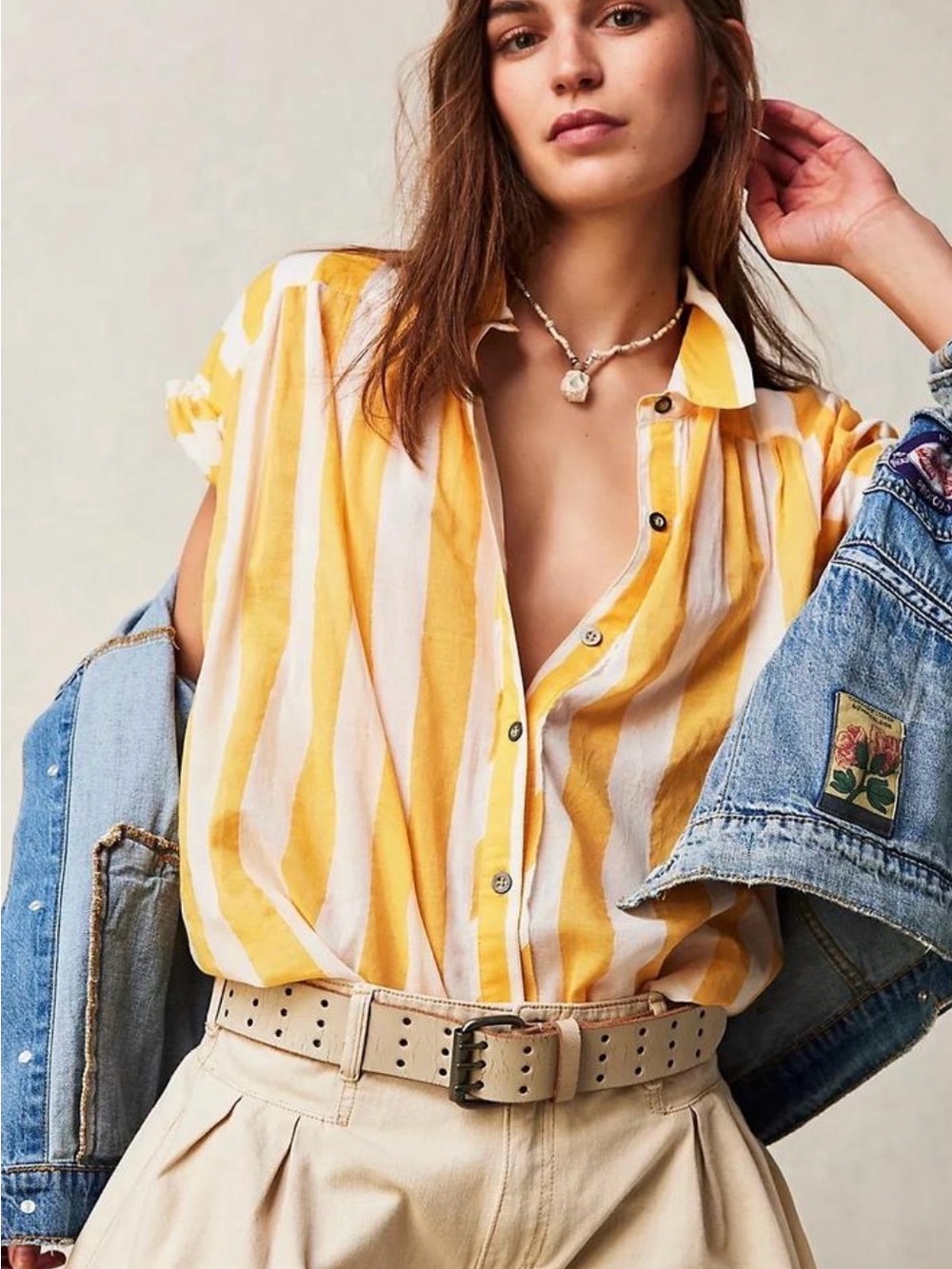 We The Free Yellow & White Striped Button-Down Shirt size M (oversized)